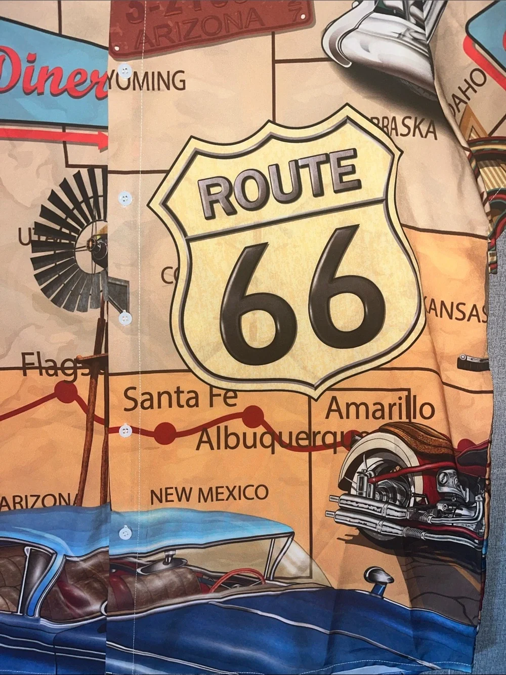 Hawalili Route 66 Graphic Button-Up Shirt in Tan & Blue, size 2Xl - Picture 3 of 4